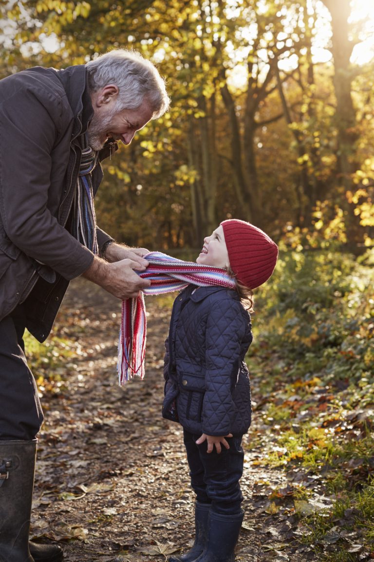 Grandfather Tying Granddaughter's Scarf On Autumn Walk